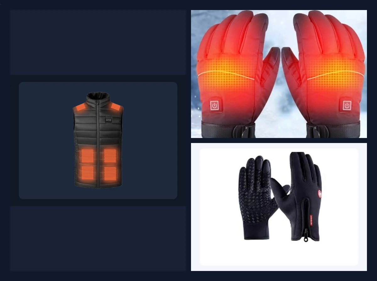 Solana Gear Outerwear Trio Montage: Multi-Zone Heated Vest, Battery-Powered Heated Gloves, and Non-Electric Thermo Gloves