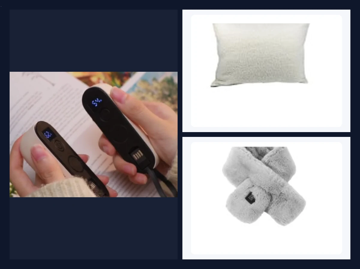 Solana Gear Home and Pocket Warmth Montage: Plush Quilted Heated Pillow, Faux-Fur Heated Scarf, and Twin Split-Apart Power Hand Warmers